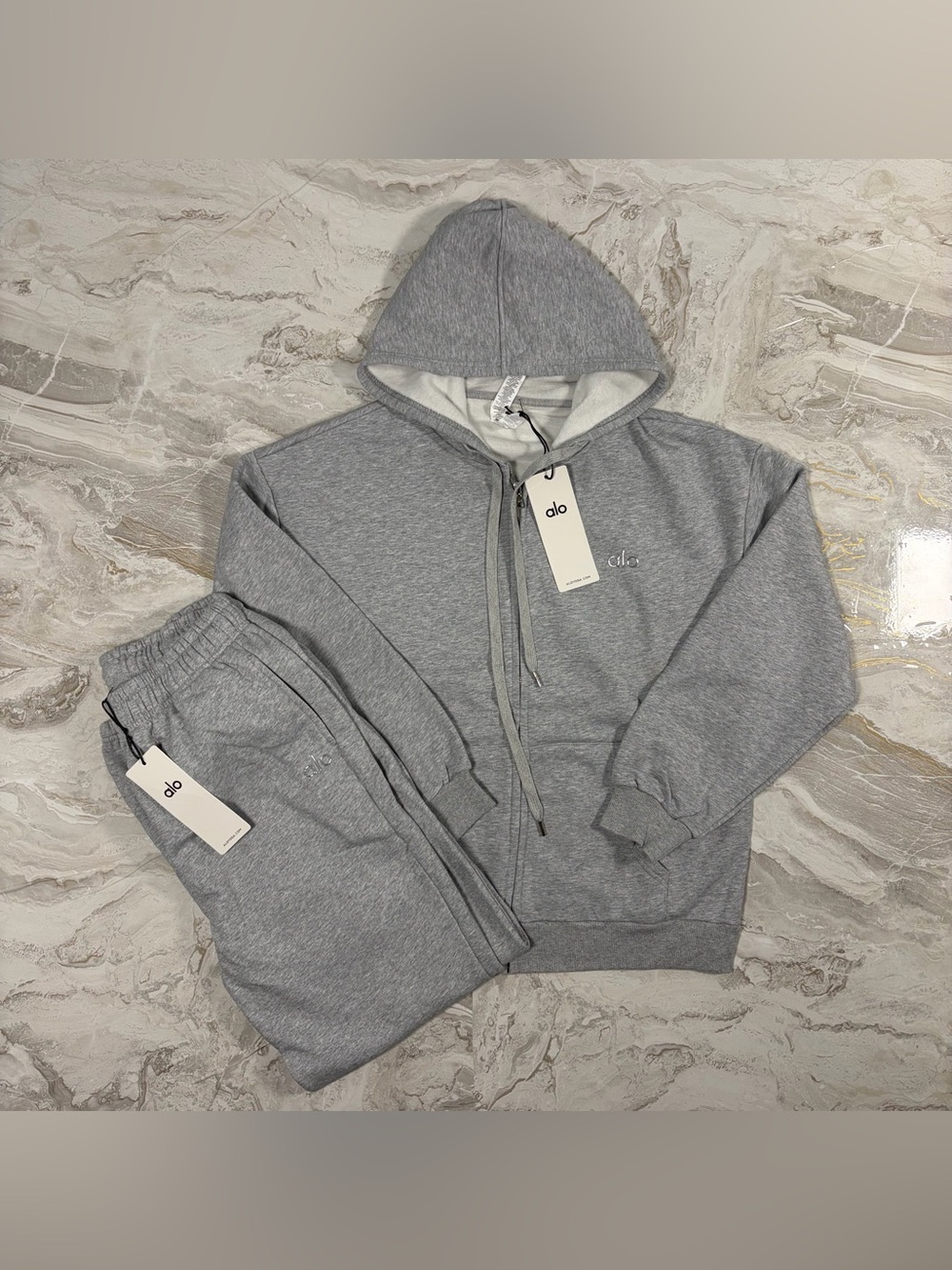 ALO Yoga Light Grey Zip Hoodie & Jogger Set